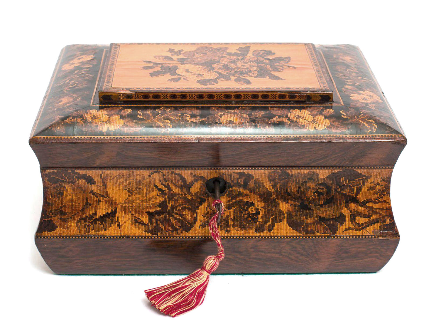 Rare Victorian Antique Tunbridge Ware Wooden Sewing Work Box Inlaid with Roses - Code (8202)