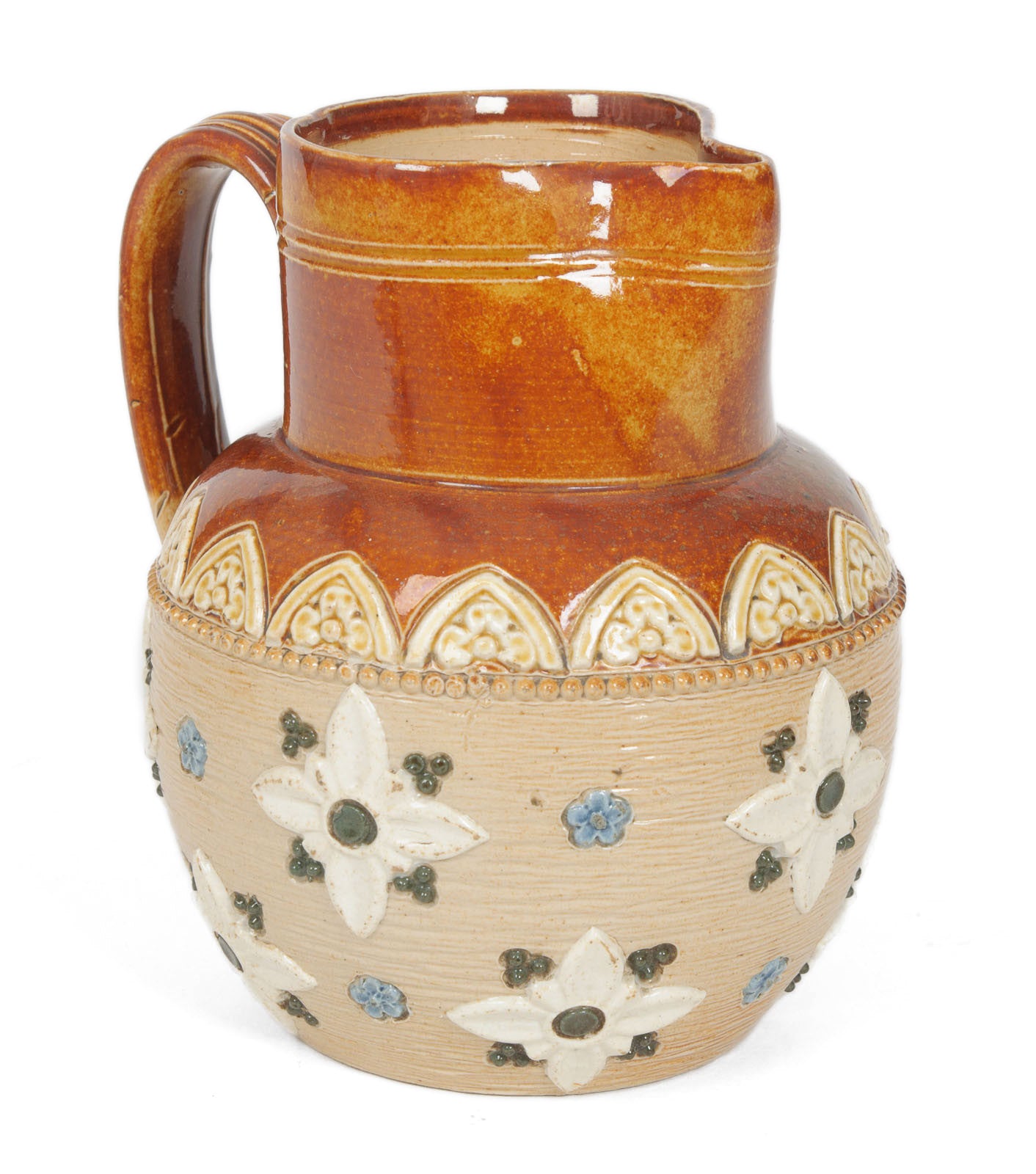 An Antique Doulton Lambeth Stoneware Two Tone Jug with Flowers (Code 8397)