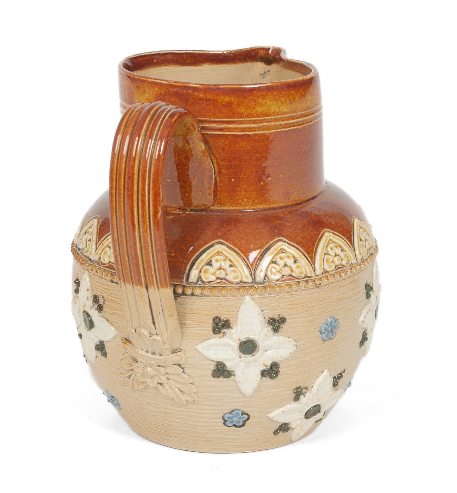 An Antique Doulton Lambeth Stoneware Two Tone Jug with Flowers (Code 8397)