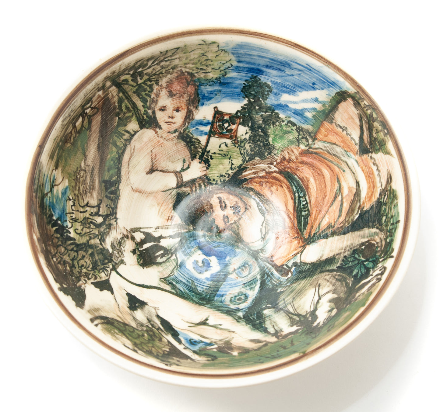 A Bohuslav Barlow Hand Painted Art Pottery Bowl - Polychrome Scene (Code 8500)