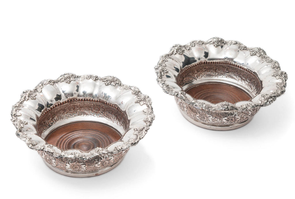 Pair Antique Silver Plated & Hard Wood Bottle/Decanter Coasters in Magnum Size