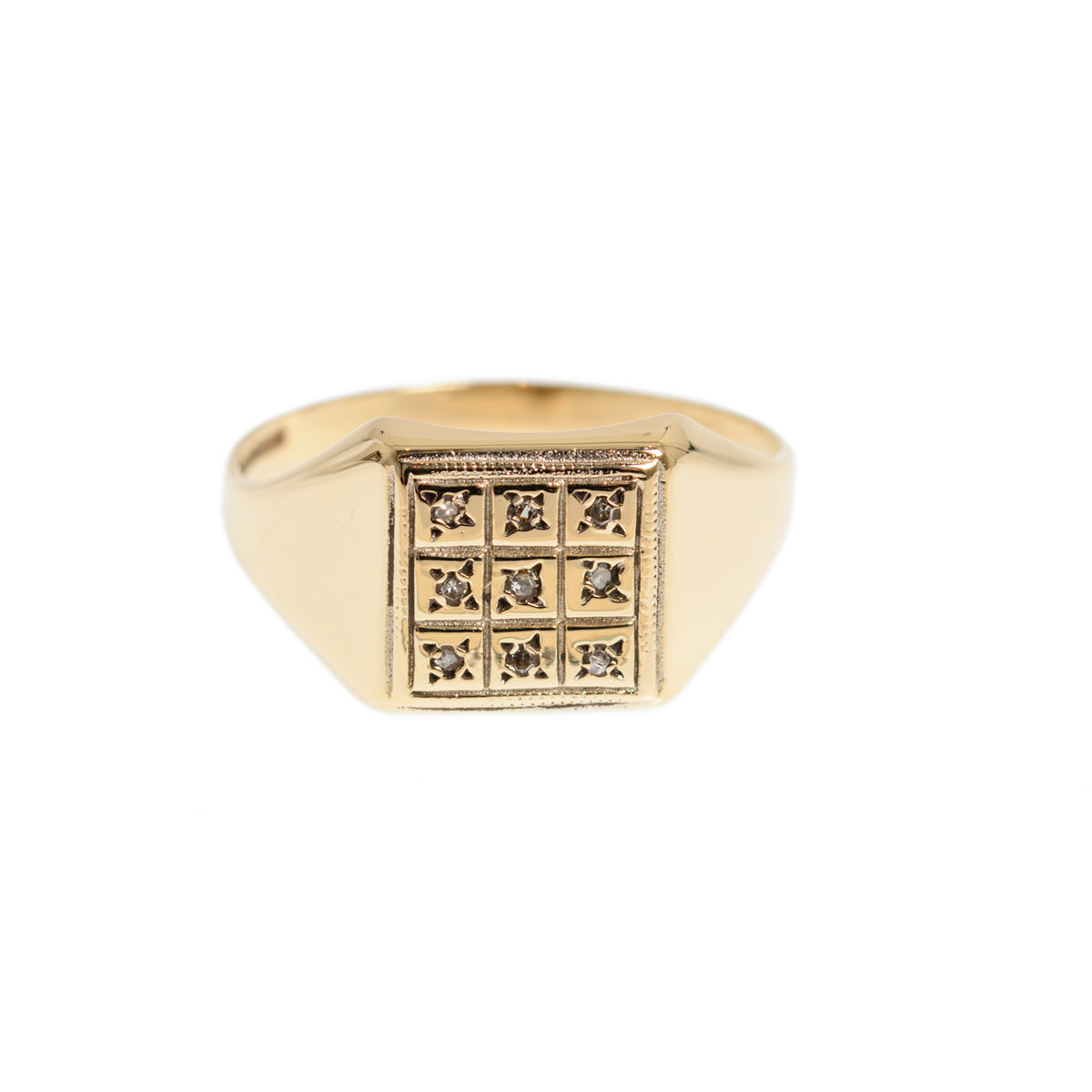 Gents 9ct Solid Gold Traditional Signet Ring With 9 Diamonds Birmingham 1990 UK Size Y  (Code A1000)