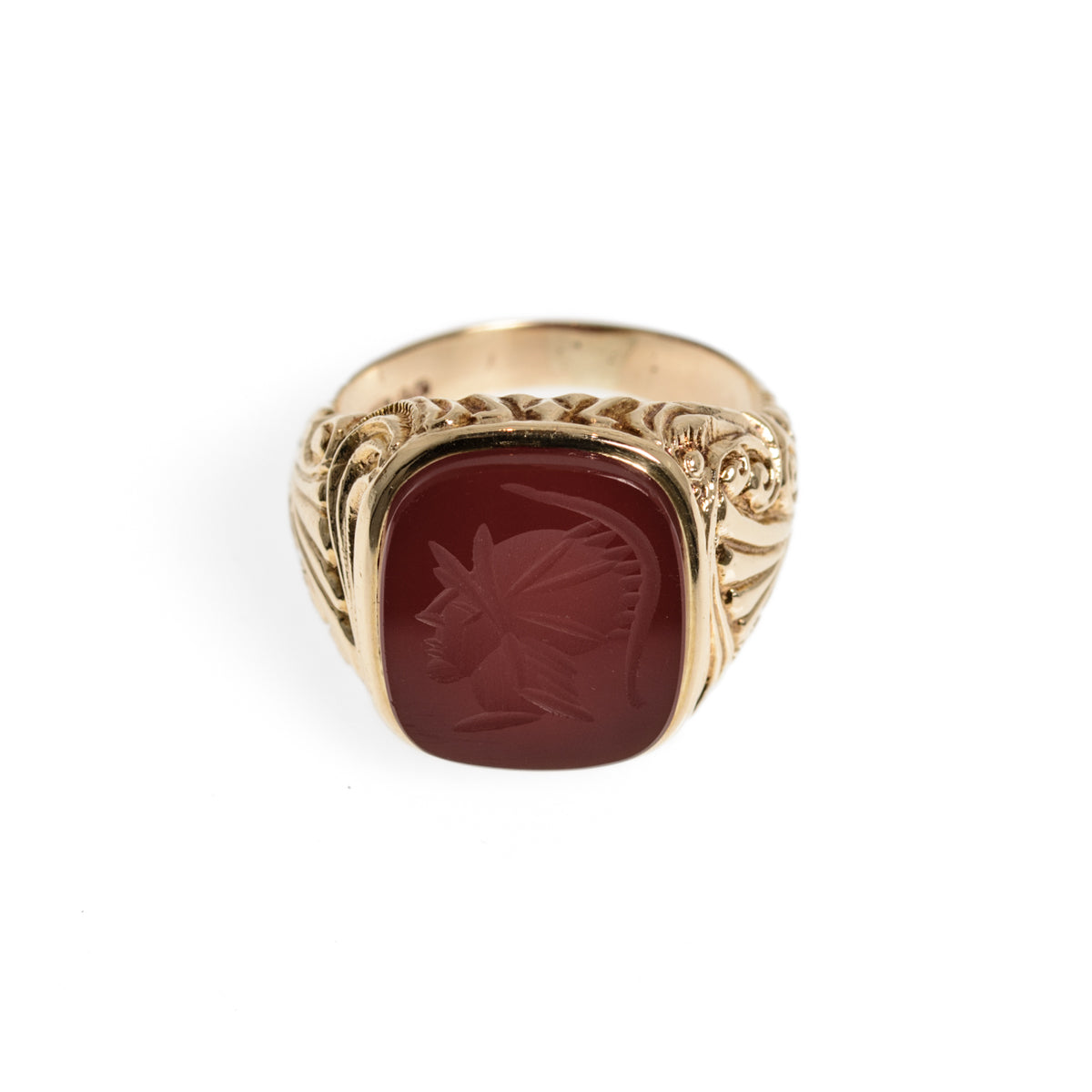Vintage 9ct Gold Intaglio Signet Seal Ring With Centurion In Carnelian Stone UK Size R1/2 London Hallmark 1971 (Code A1001)