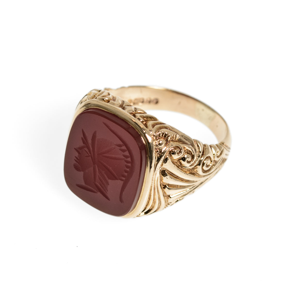 Vintage 9ct Gold Intaglio Signet Seal Ring With Centurion In Carnelian Stone UK Size R1/2 London Hallmark 1971 (Code A1001)