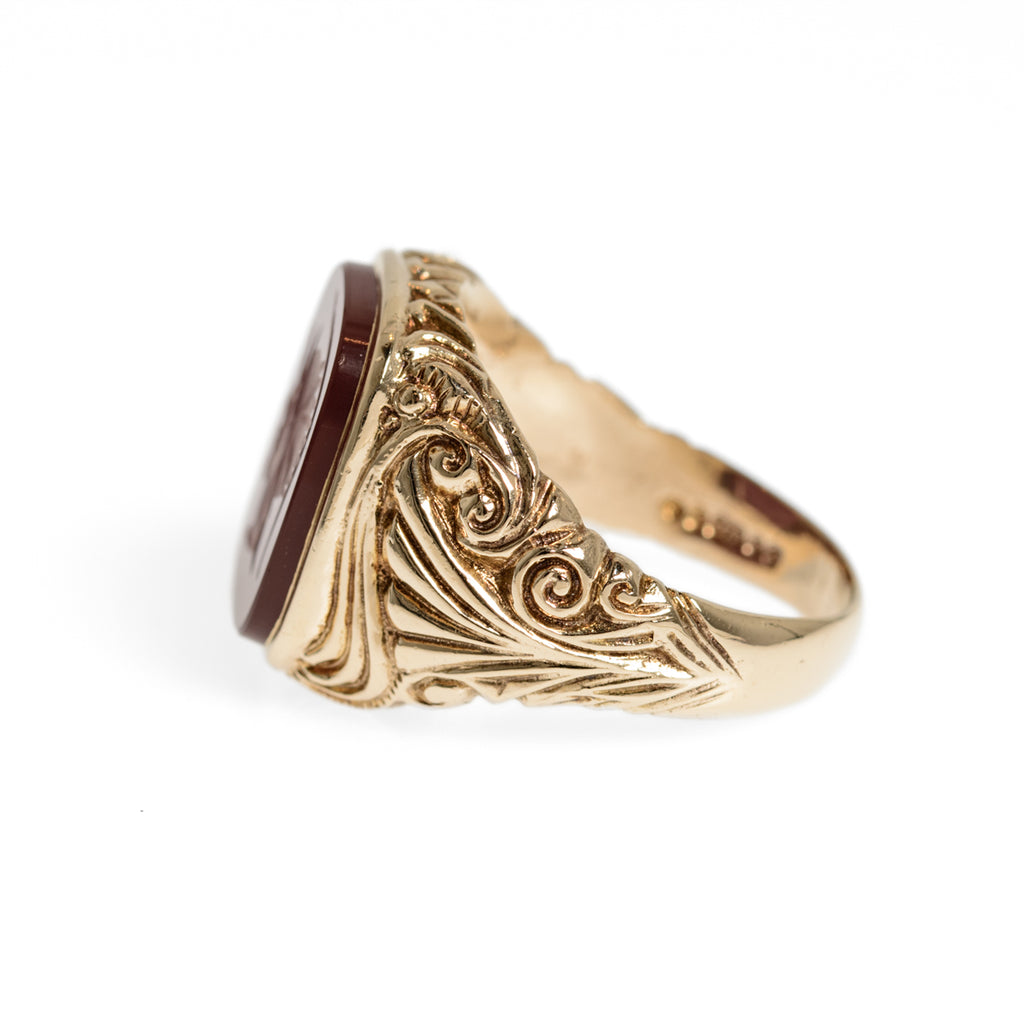 Vintage 9ct Gold Intaglio Signet Seal Ring With Centurion In Carnelian Stone UK Size R1/2 London Hallmark 1971 (Code A1001)
