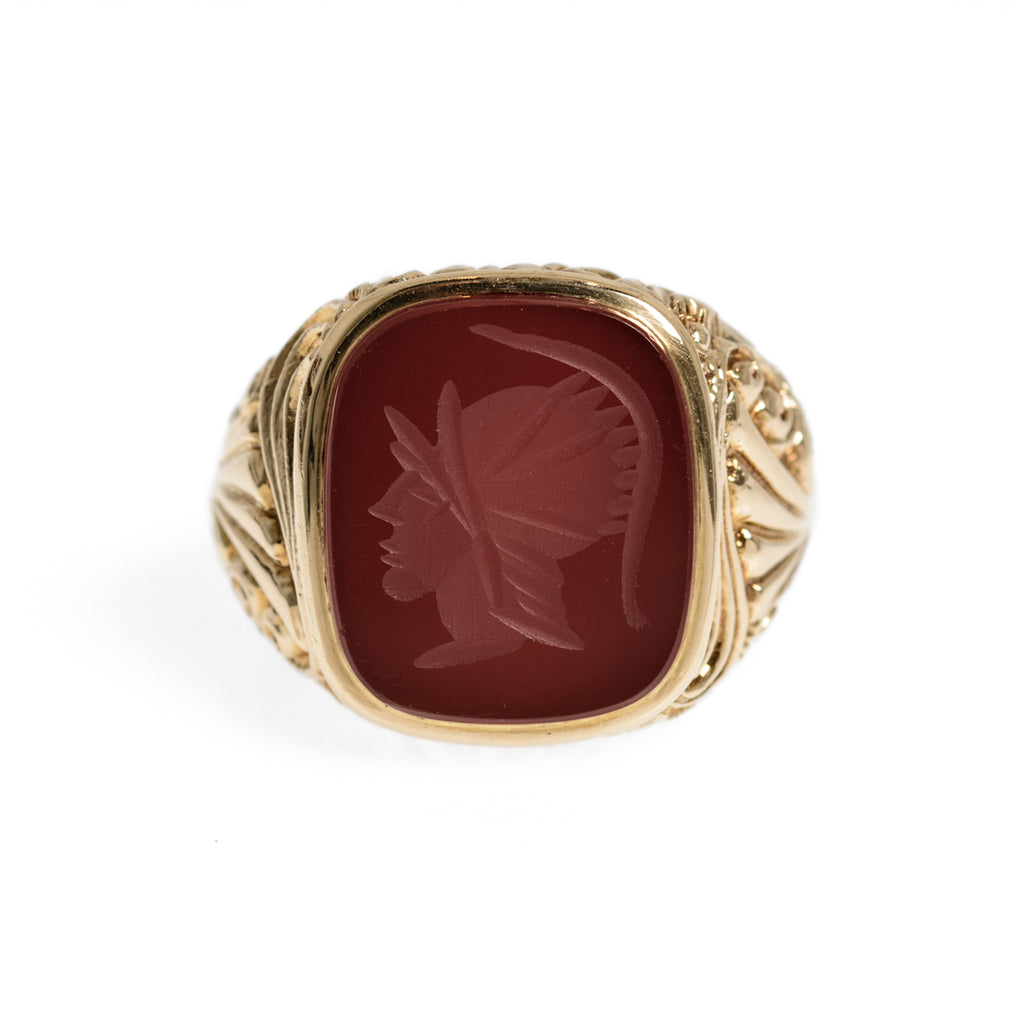 Vintage 9ct Gold Intaglio Signet Seal Ring With Centurion In Carnelian Stone UK Size R1/2 London Hallmark 1971 (Code A1001)