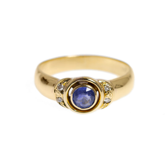 14K Gold Ladies Ring With Ceylon Blue Sapphire & Four Diamonds UK Size M  (Code A1006)