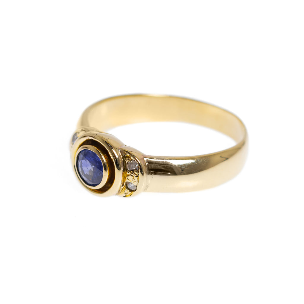 14K Gold Ladies Ring With Ceylon Blue Sapphire & Four Diamonds UK Size M  (Code A1006)