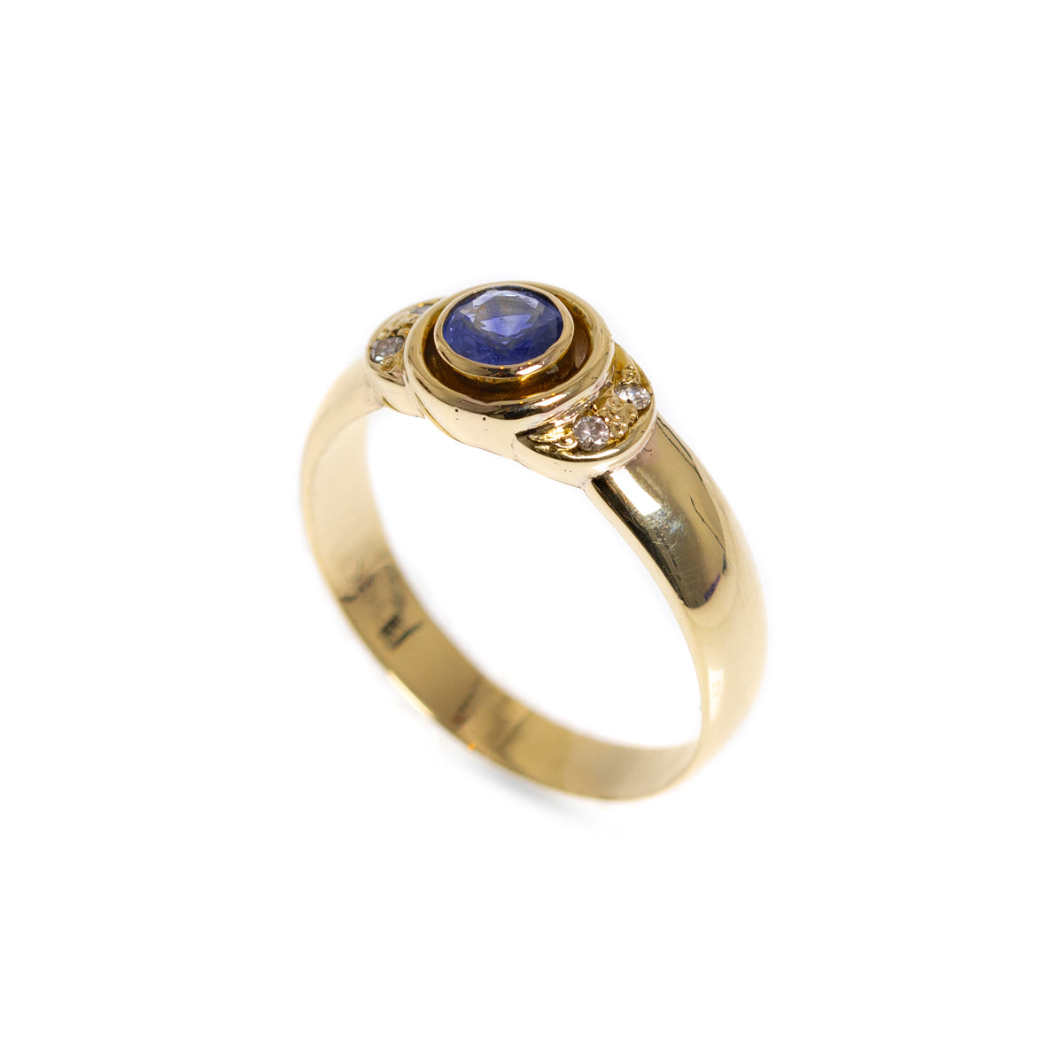 14K Gold Ladies Ring With Ceylon Blue Sapphire & Four Diamonds UK Size M  (Code A1006)