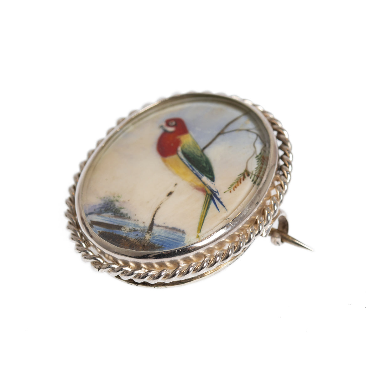 Antique Victorian Silver Brooch With Hand Painted Exotic Bird Miniature c.1880 (Code A1010)