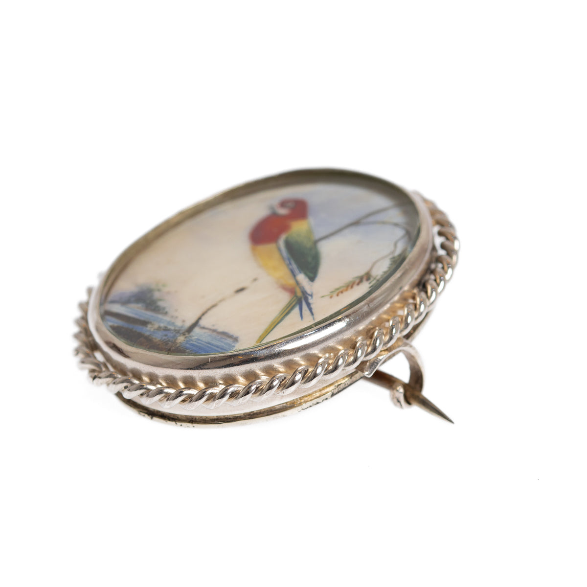 Antique Victorian Silver Brooch With Hand Painted Exotic Bird Miniature c.1880 (Code A1010)