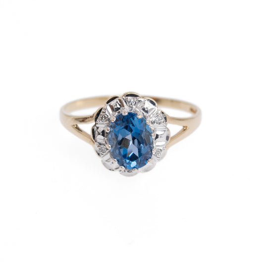 Vintage 9ct Gold Blue Topaz & Diamond Ladies Ring UK Size Q (Code A1025)