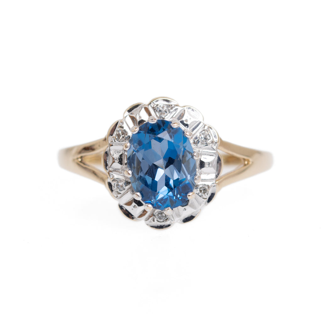 Vintage 9ct Gold Blue Topaz & Diamond Ladies Ring UK Size Q (Code A1025)