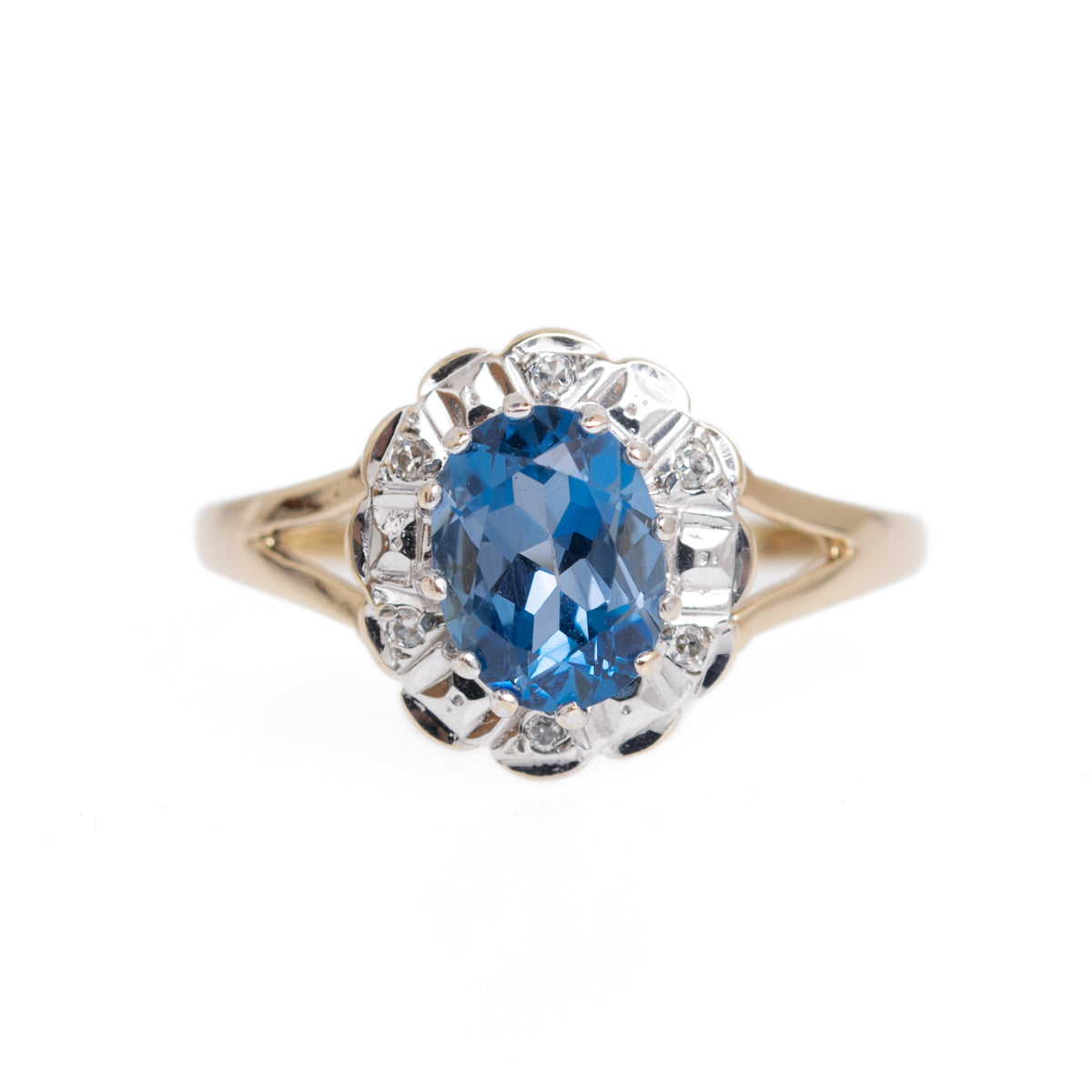 Vintage 9ct Gold Blue Topaz & Diamond Ladies Ring UK Size Q (Code A1025)