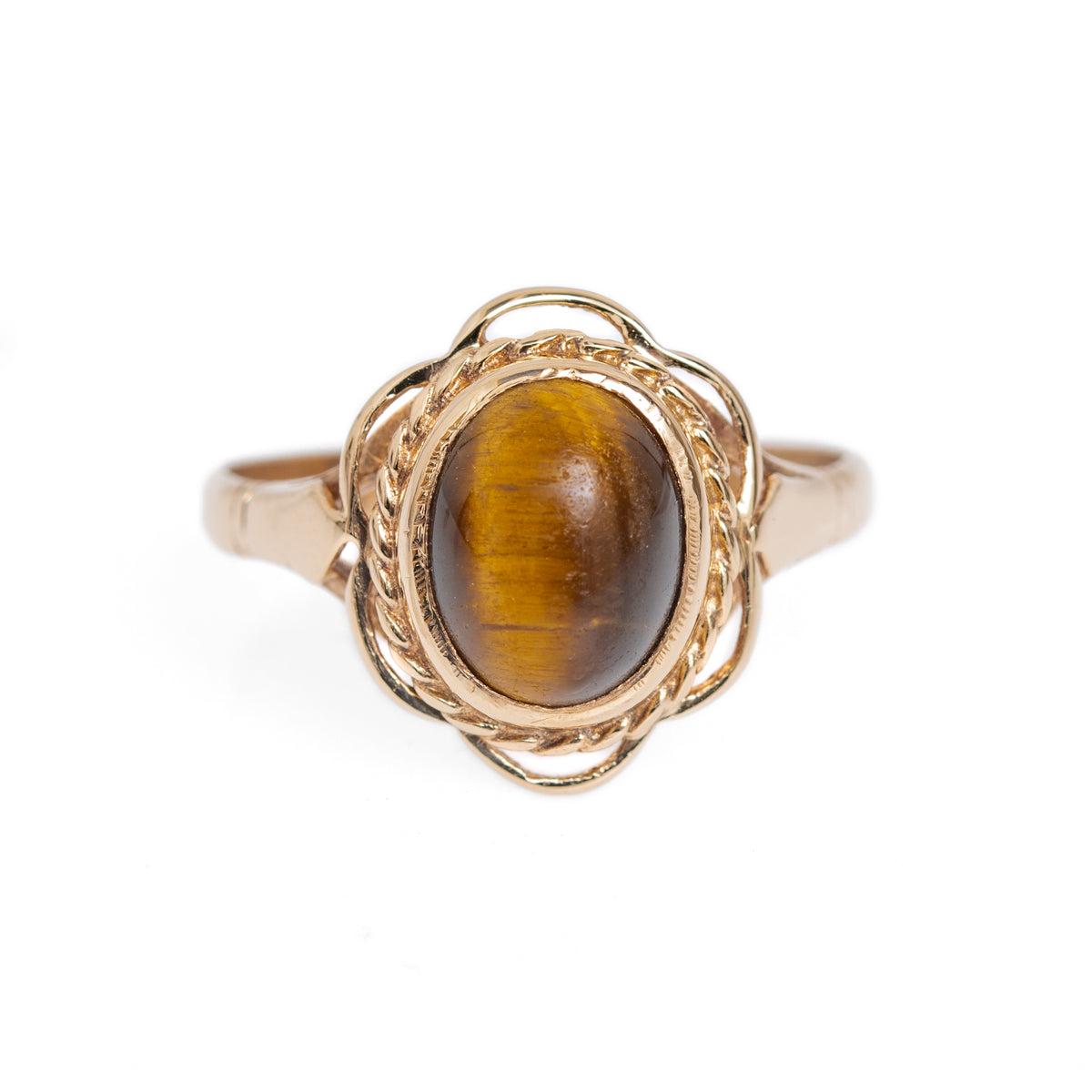 Vintage 9ct Gold Tigers Eye Cabochon Ring With Decorative Mount Birmingham Hallmark 1970 (Code A1028)