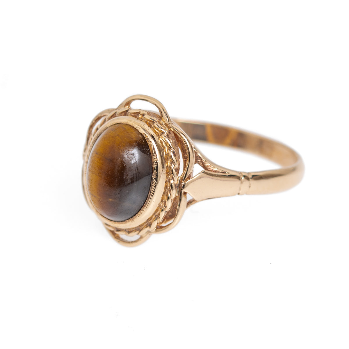 Vintage 9ct Gold Tigers Eye Cabochon Ring With Decorative Mount Birmin Blue Cherry Antiques