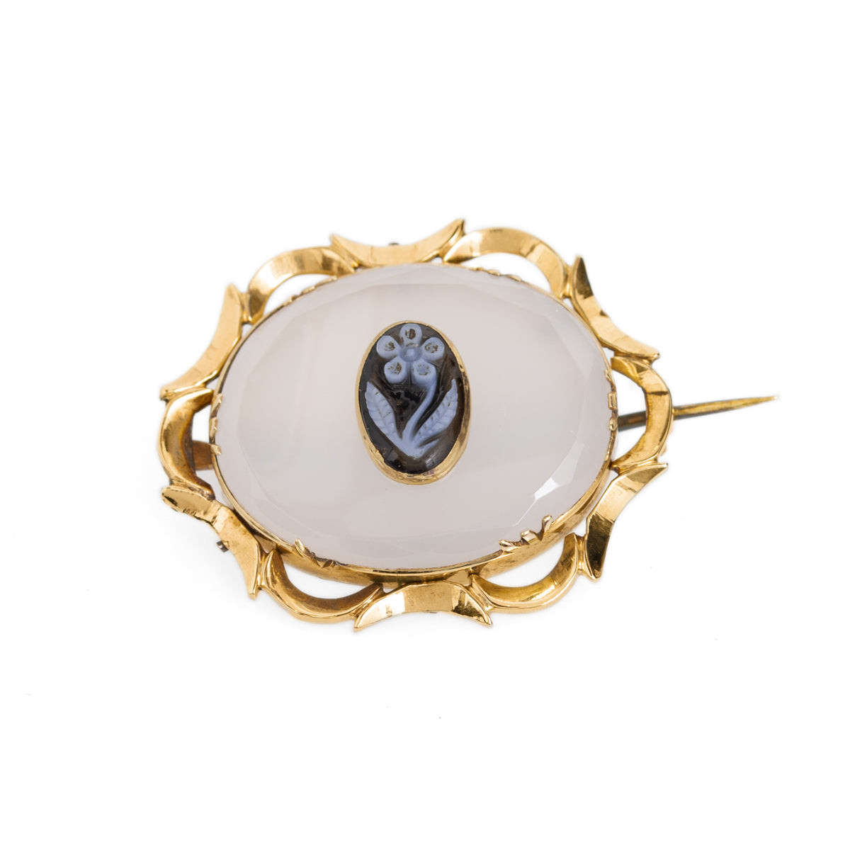 Antique Victorian Gold, Chalcedony & Carved Agate 2nd Period Mourning Brooch (Code A1043)