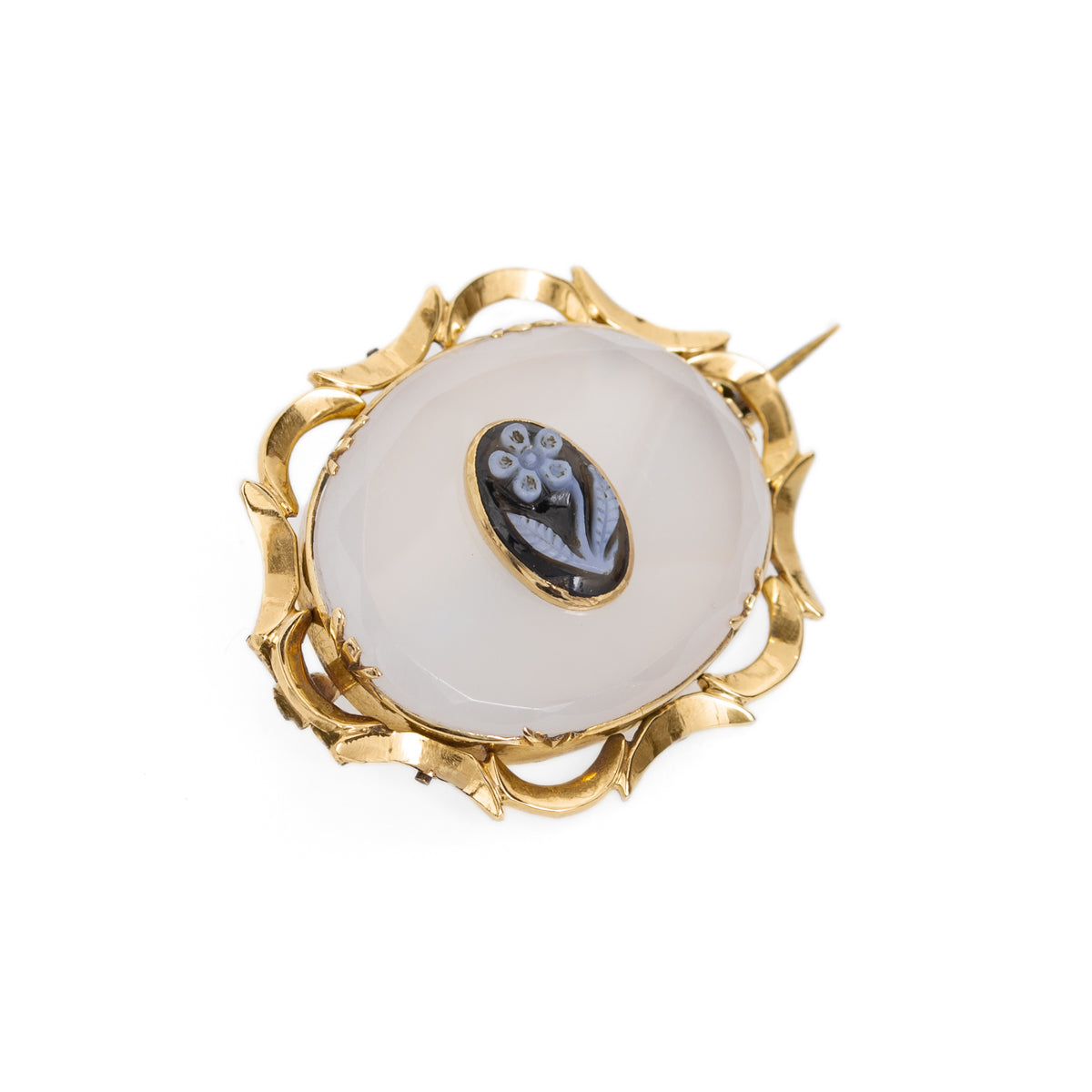 Antique Victorian Gold, Chalcedony & Carved Agate 2nd Period Mourning Brooch (Code A1043)