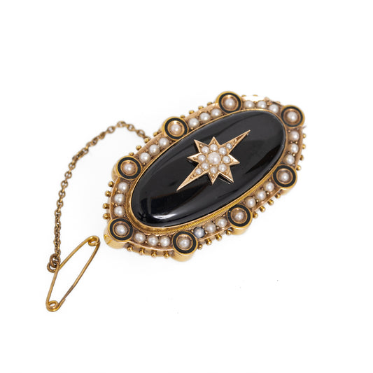 Antique Victorian 18ct Gold, Pearl & Black Onyx Mourning Brooch c.1870 (Code A1061)