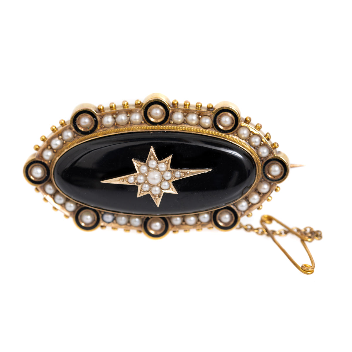 Antique Victorian 18ct Gold, Pearl & Black Onyx Mourning Brooch c.1870 (Code A1061)