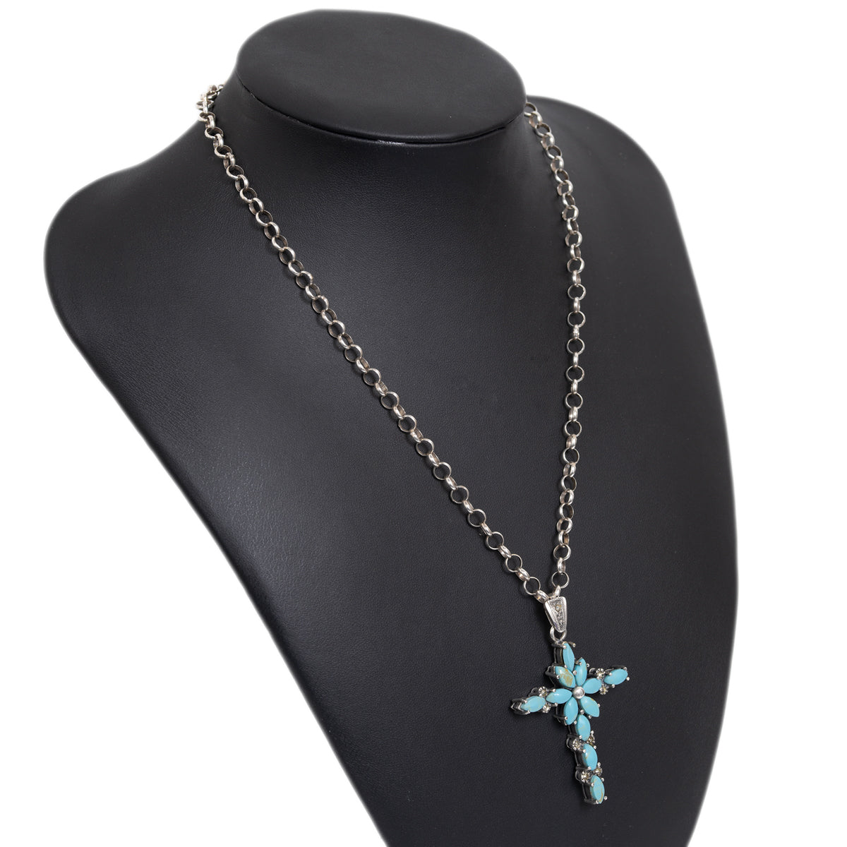 Vintage Sterling Silver Turquoise & Marcasite Cross Pendant/Necklace With Belcher Chain (Code A1076)