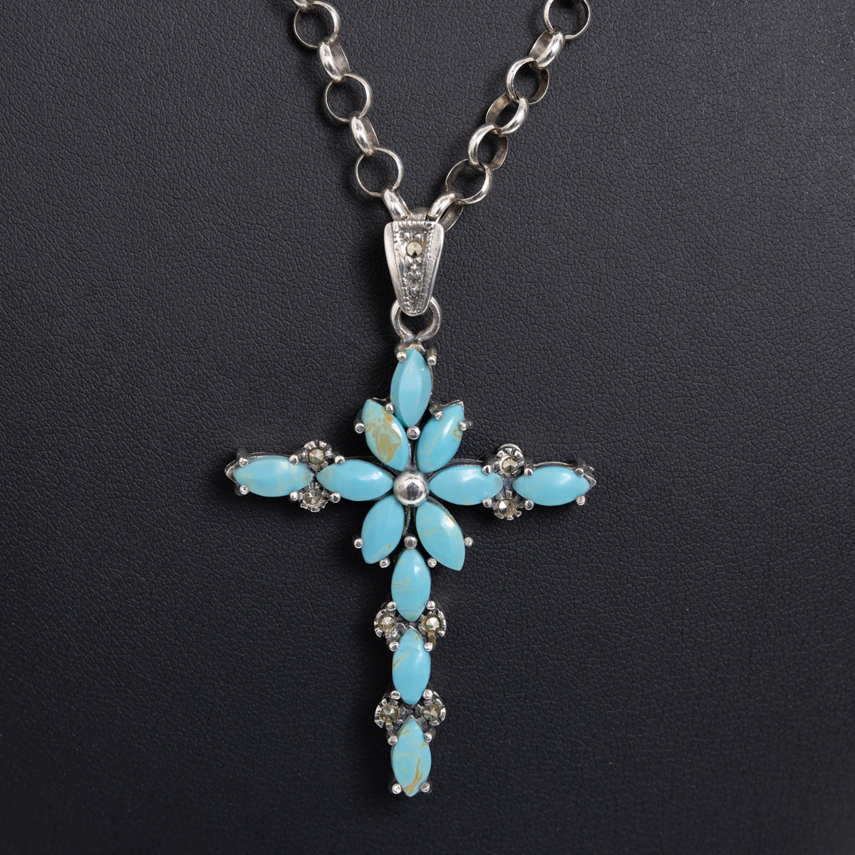 Vintage Sterling Silver Turquoise Marcasite Cross Pendant/Necklace With Belcher Chain (Code A1076)