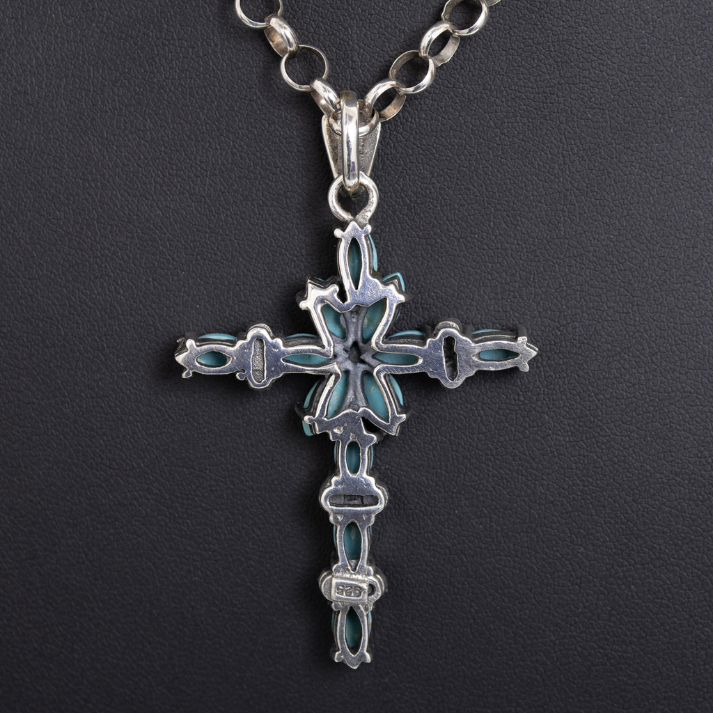 Vintage Sterling Silver Turquoise & Marcasite Cross Pendant/Necklace With Belcher Chain (Code A1076)