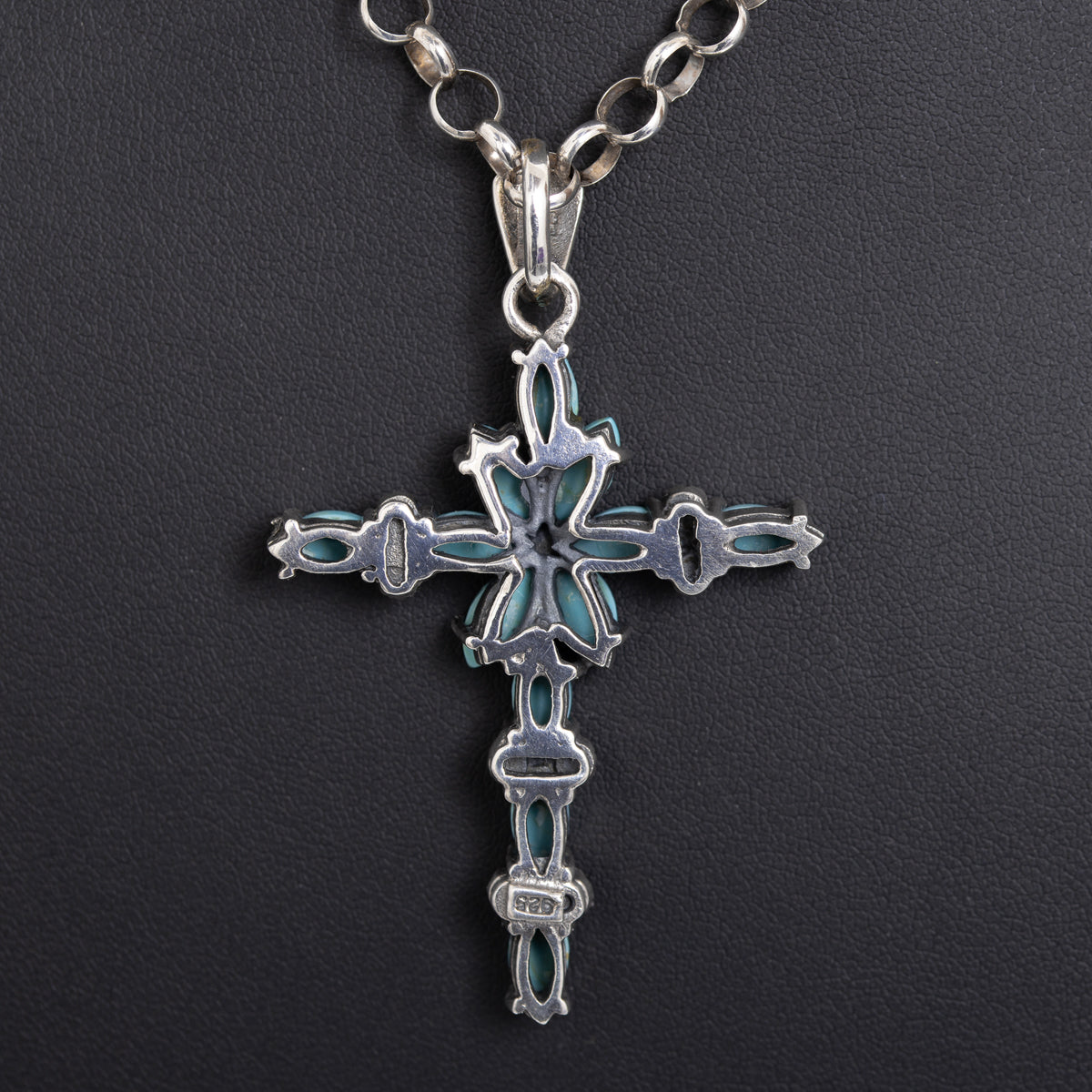 Vintage Sterling Silver Turquoise & Marcasite Cross Pendant/Necklace With Belcher Chain (Code A1076)