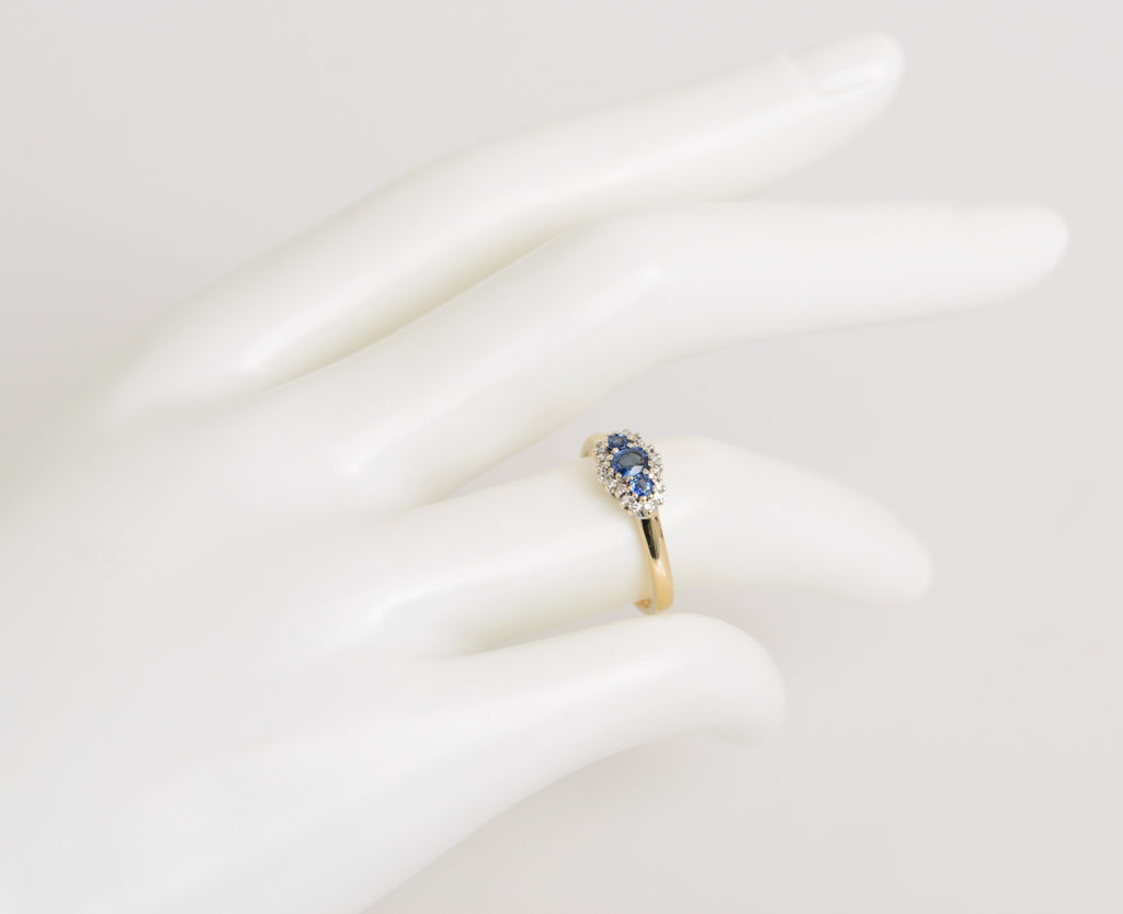 9ct Gold & Cornflower Blue Sapphire Trilogy Ring With Diamond Halo UK Size M (Code A1085)