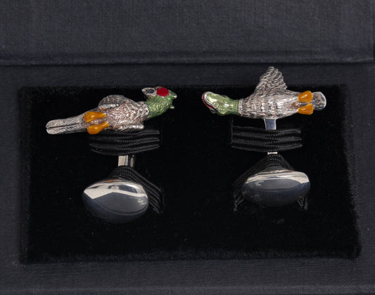 Pair Deakin & Francis Solid Silver & Enamel Angry Game Bird Cufflinks In Box  (Code A1095)