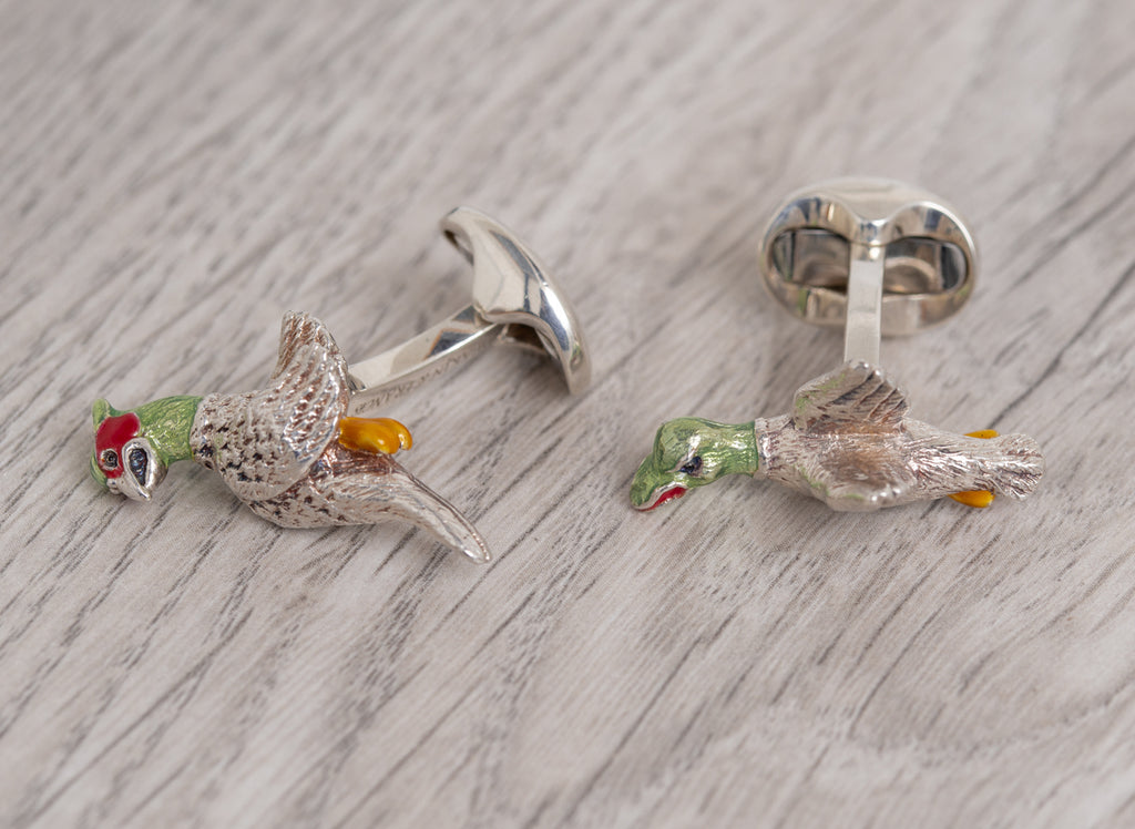 Pair Deakin & Francis Solid Silver & Enamel Angry Game Bird Cufflinks In Box  (Code A1095)