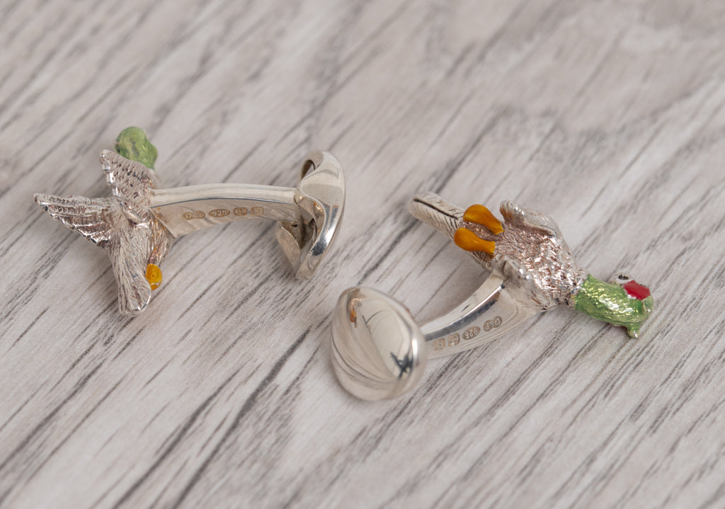 Pair Deakin & Francis Solid Silver & Enamel Angry Game Bird Cufflinks In Box  (Code A1095)