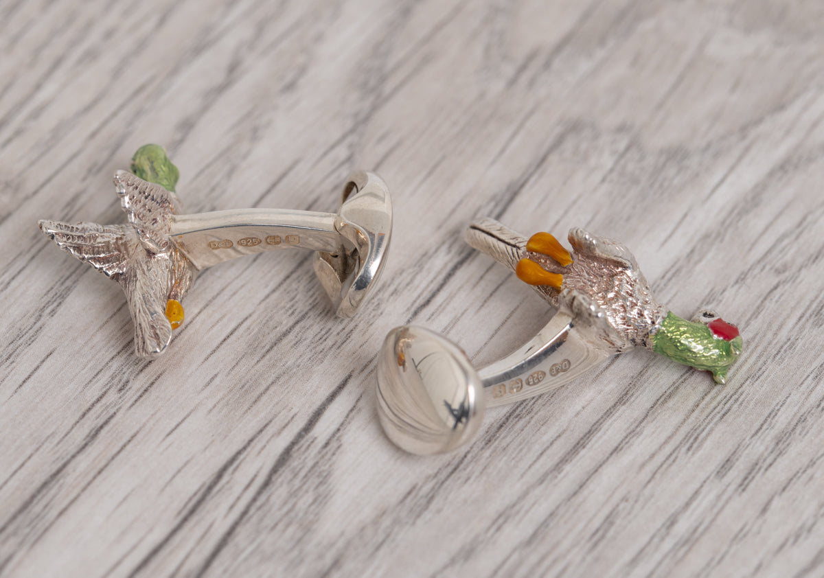 Pair Deakin & Francis Solid Silver & Enamel Angry Game Bird Cufflinks In Box  (Code A1095)