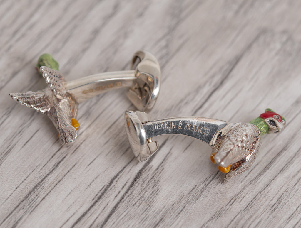 Pair Deakin & Francis Solid Silver & Enamel Angry Game Bird Cufflinks In Box  (Code A1095)