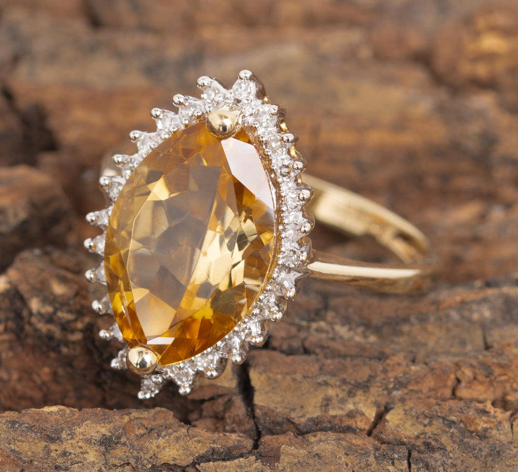 9ct Solid Gold & Large Marquise Citrine Ring With Diamond Halo UK Size P  (Code A1105)