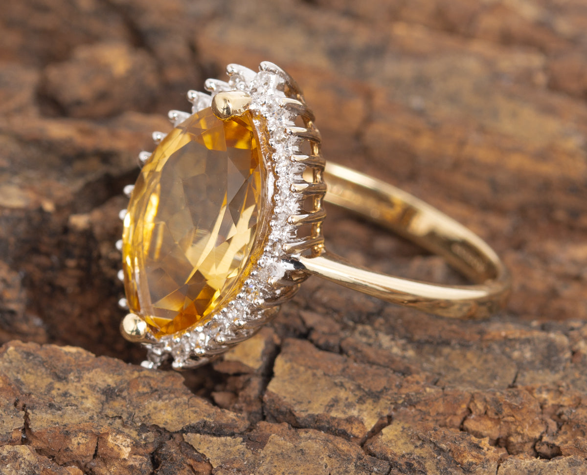 9ct Solid Gold & Large Marquise Citrine Ring With Diamond Halo UK Size P  (Code A1105)