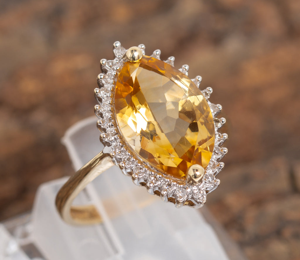 9ct Solid Gold & Large Marquise Citrine Ring With Diamond Halo UK Size P  (Code A1105)