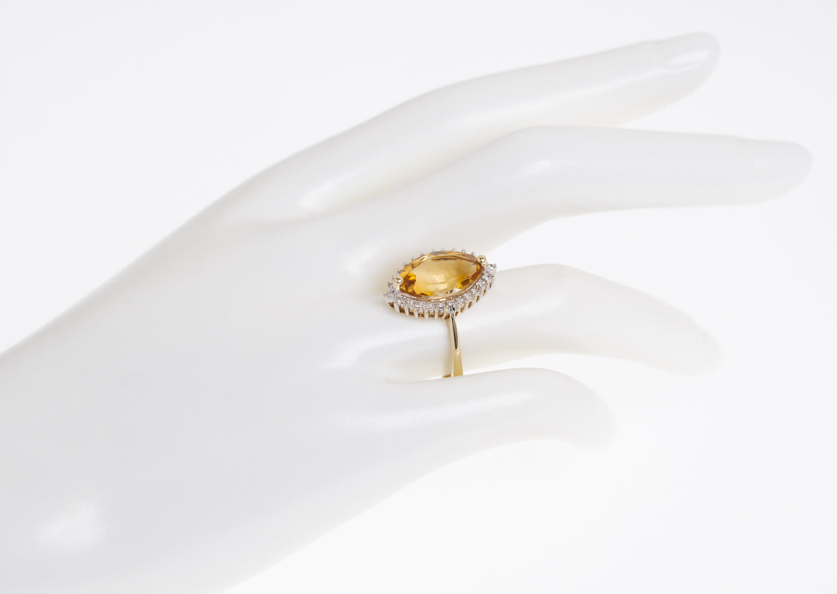9ct Solid Gold & Large Marquise Citrine Ring With Diamond Halo UK Size P  (Code A1105)