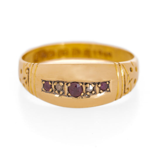 Antique Edwardian 18ct Gold Natural Ruby & Diamond 5 Stone Ring / Band UK Size N (Code A1109)