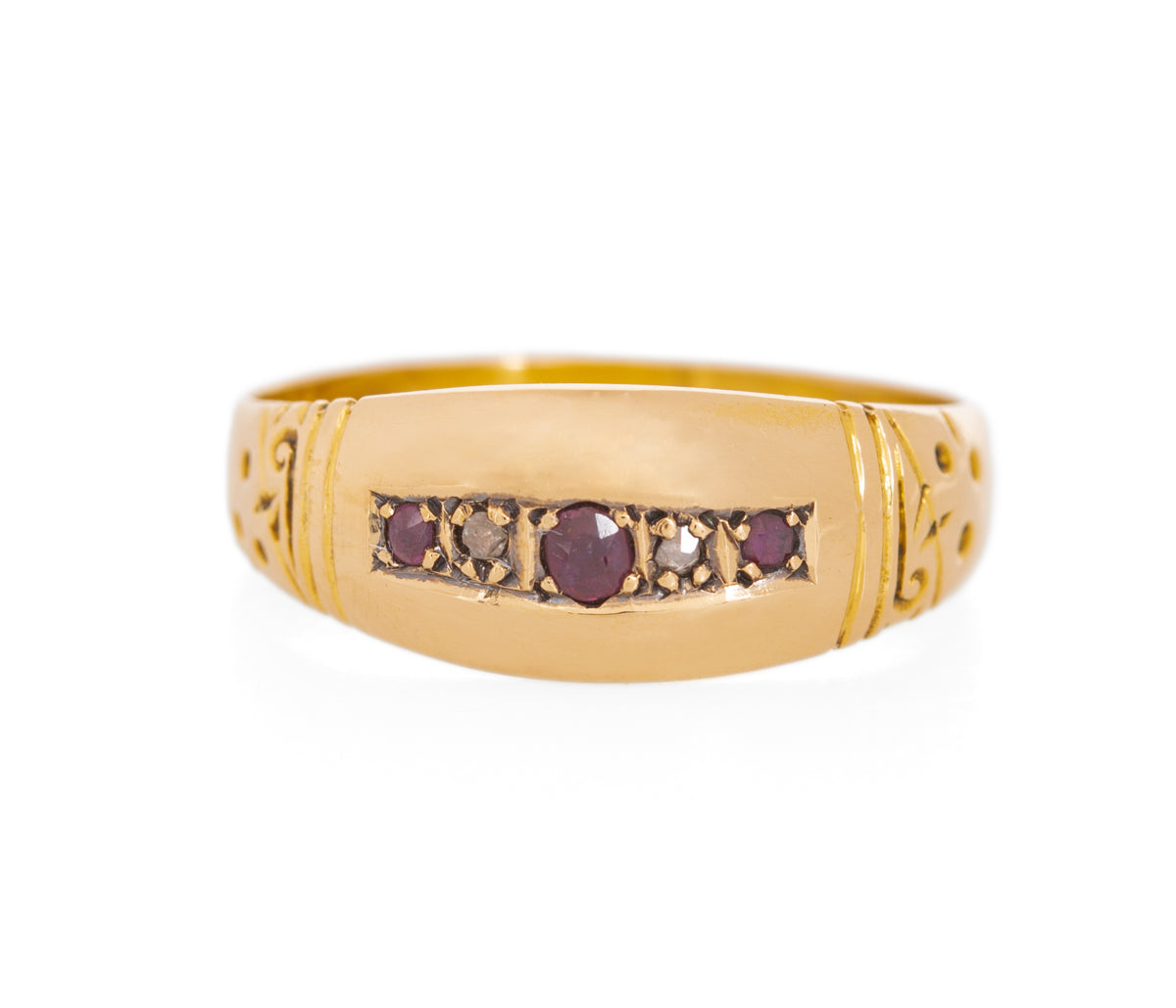 Antique Edwardian 18ct Gold Natural Ruby & Diamond 5 Stone Ring / Band UK Size N (Code A1109)