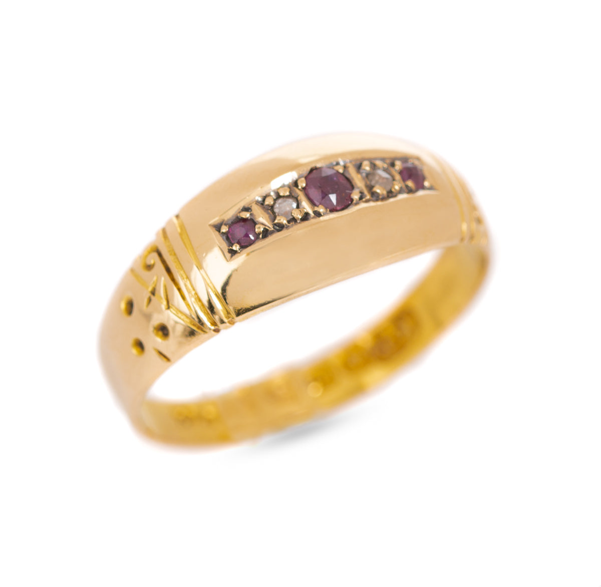Antique Edwardian 18ct Gold Natural Ruby & Diamond 5 Stone Ring / Band UK Size N (Code A1109)