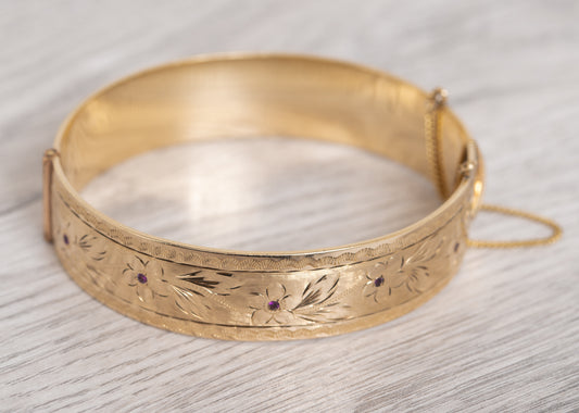 Vintage Gilerco 9ct Gold 1/5 Metal Core & Ruby Heavy Bangle / Bracelet c.1960  (Code A1111)