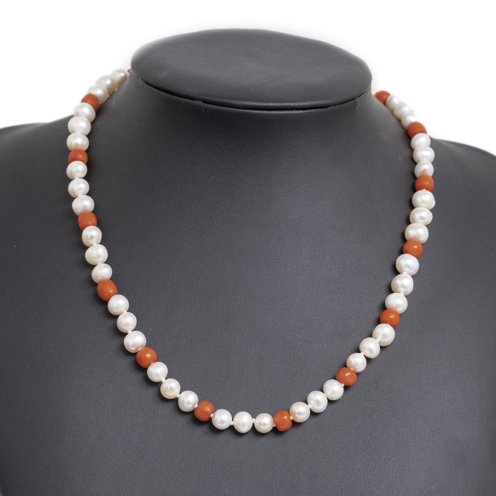 Vintage 14ct Gold Clasp Cultured Pearl & Coral Bead Choker Necklace - Boxed (A1126)