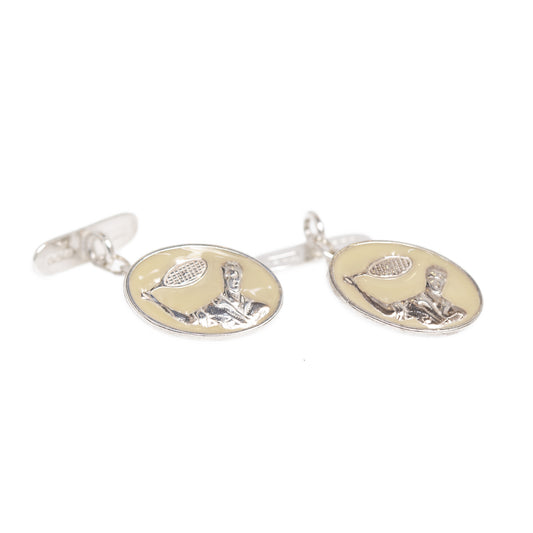 Pair Vintage Butler & Wilson Silver & Cream Enamel Tennis Player Cufflinks (A1154)