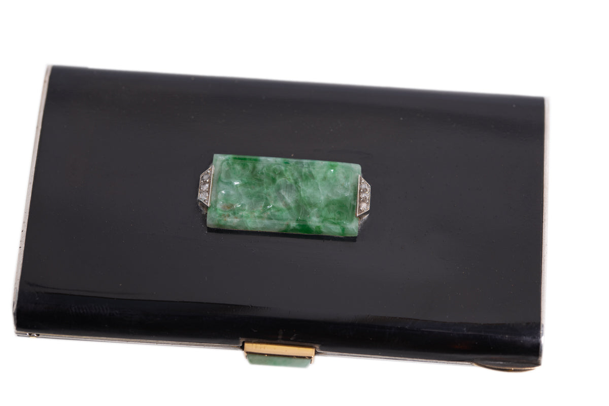 French Art Deco Silver, Enamel, Jade & Diamond Set Ladies Compact Case c.1920  (A1179)