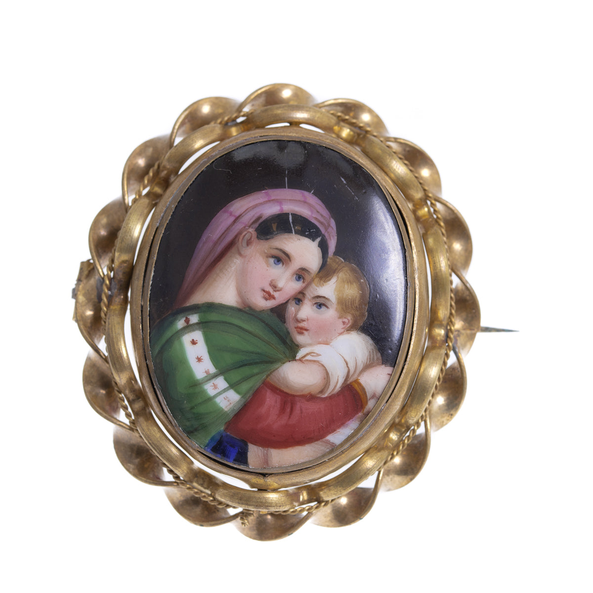 Antique Victorian Large Rotating Mourning Brooch With Hand Painted Porcelain Panel (A1183)