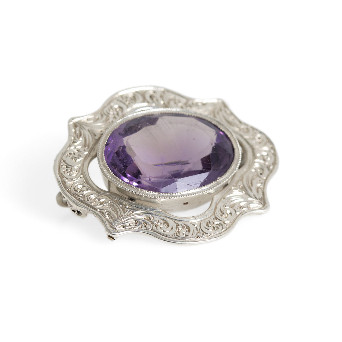 Antique Victorian Chased Silver & Large Natural Amethyst Brooch / Pin c.1860 (A1193)