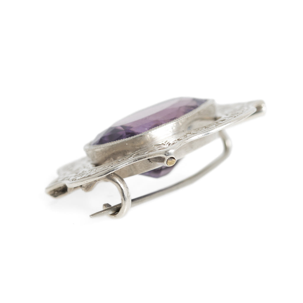 Antique Victorian Chased Silver & Large Natural Amethyst Brooch / Pin c.1860 (A1193)