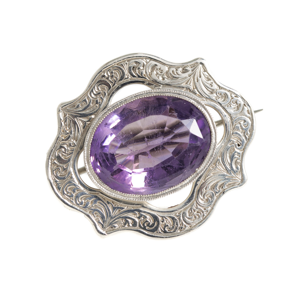 Antique Victorian Chased Silver & Large Natural Amethyst Brooch / Pin c.1860 (A1193)