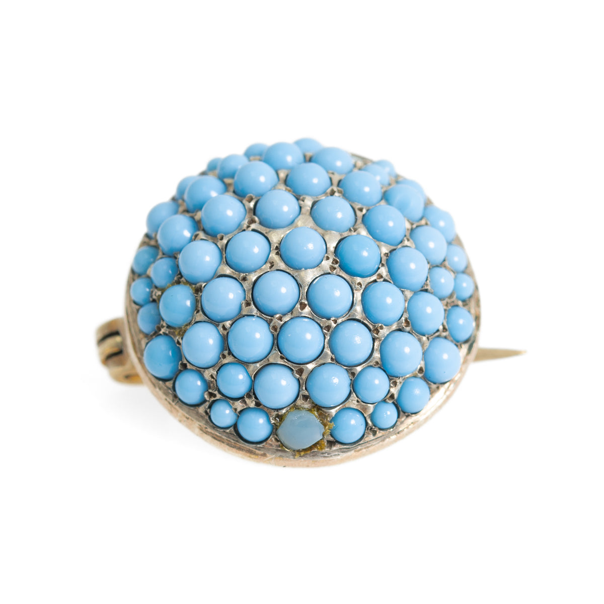 Antique Victorian Turquoise Cabochon Domed Pave Set Brooch / Pin In Silver Gilt  (A1194)